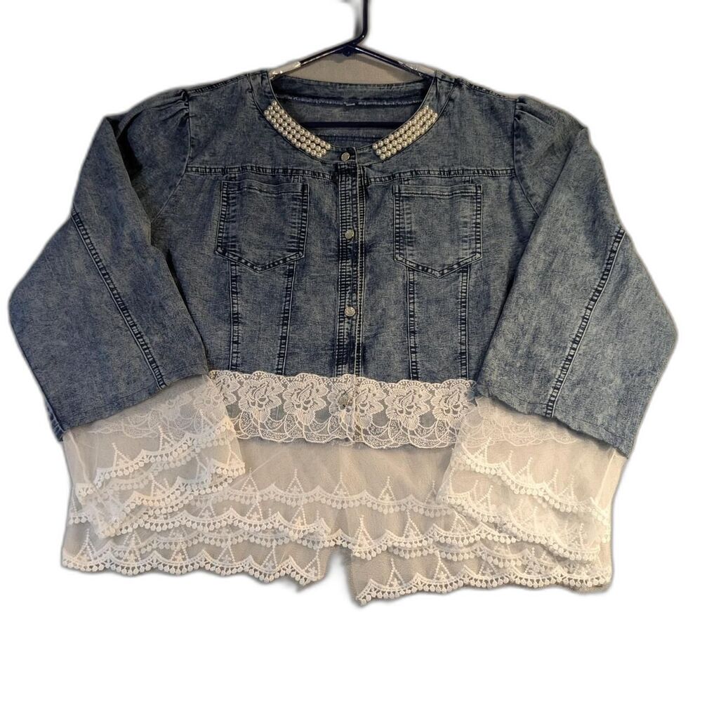 Women's 4XL Denim Lace Peplum Jacket/Top – Pearl Embellished Collar